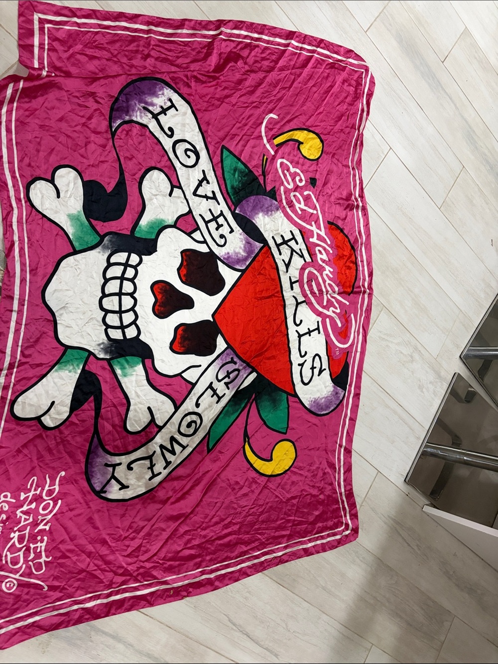 Ed Hardy Pink Skull & Crossbones Graphic Scarf Wrap